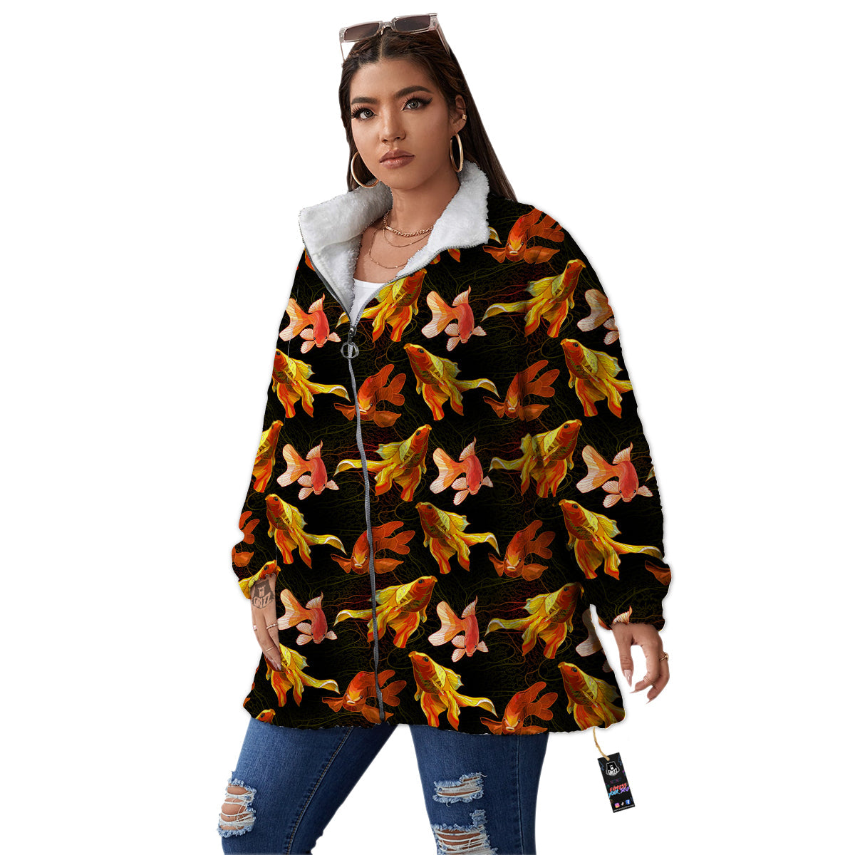 Gold Fish Drawing Print Pattern Women's Sherpa Jacket-grizzshop