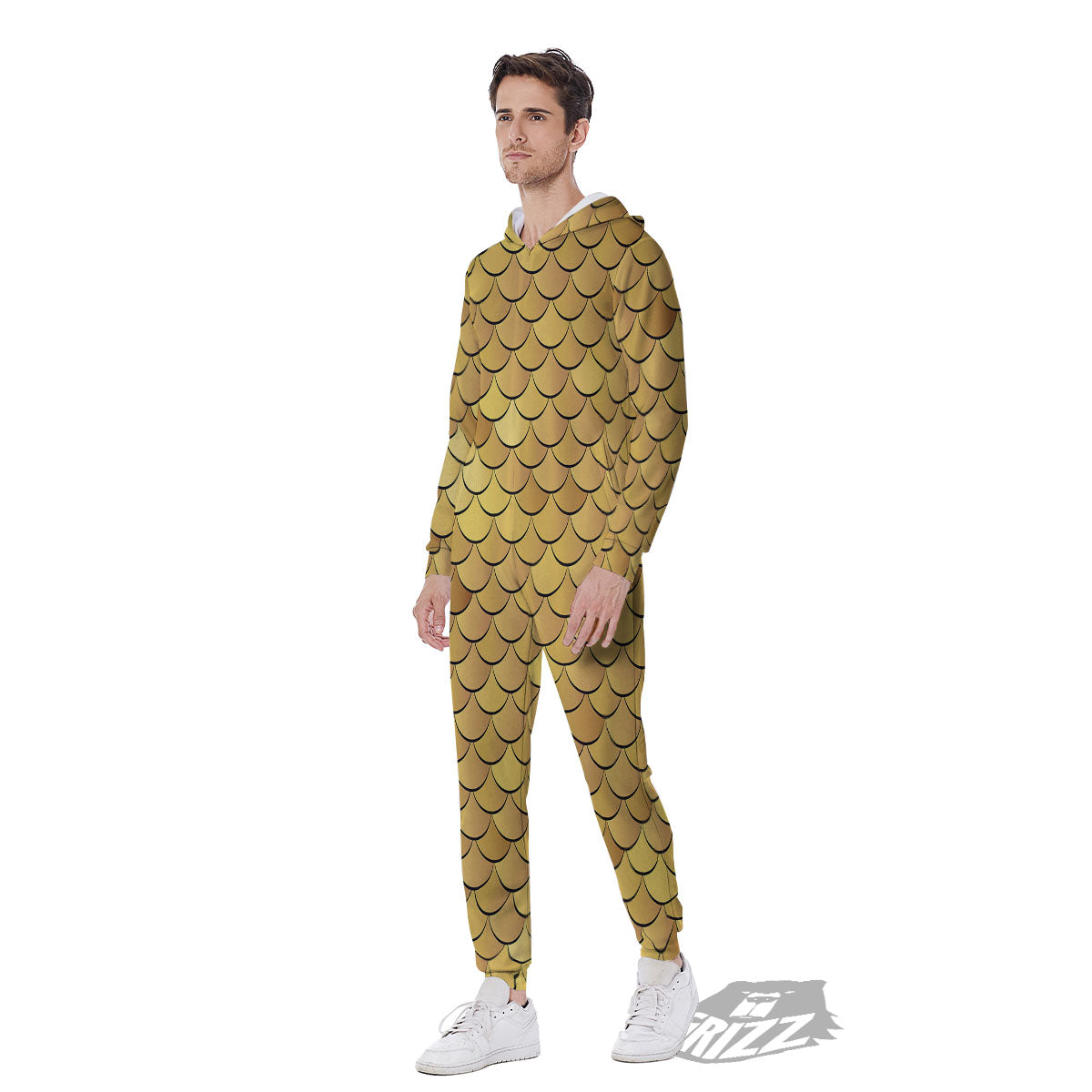 Gold Fish Scales Print Men's Jumpsuit-grizzshop