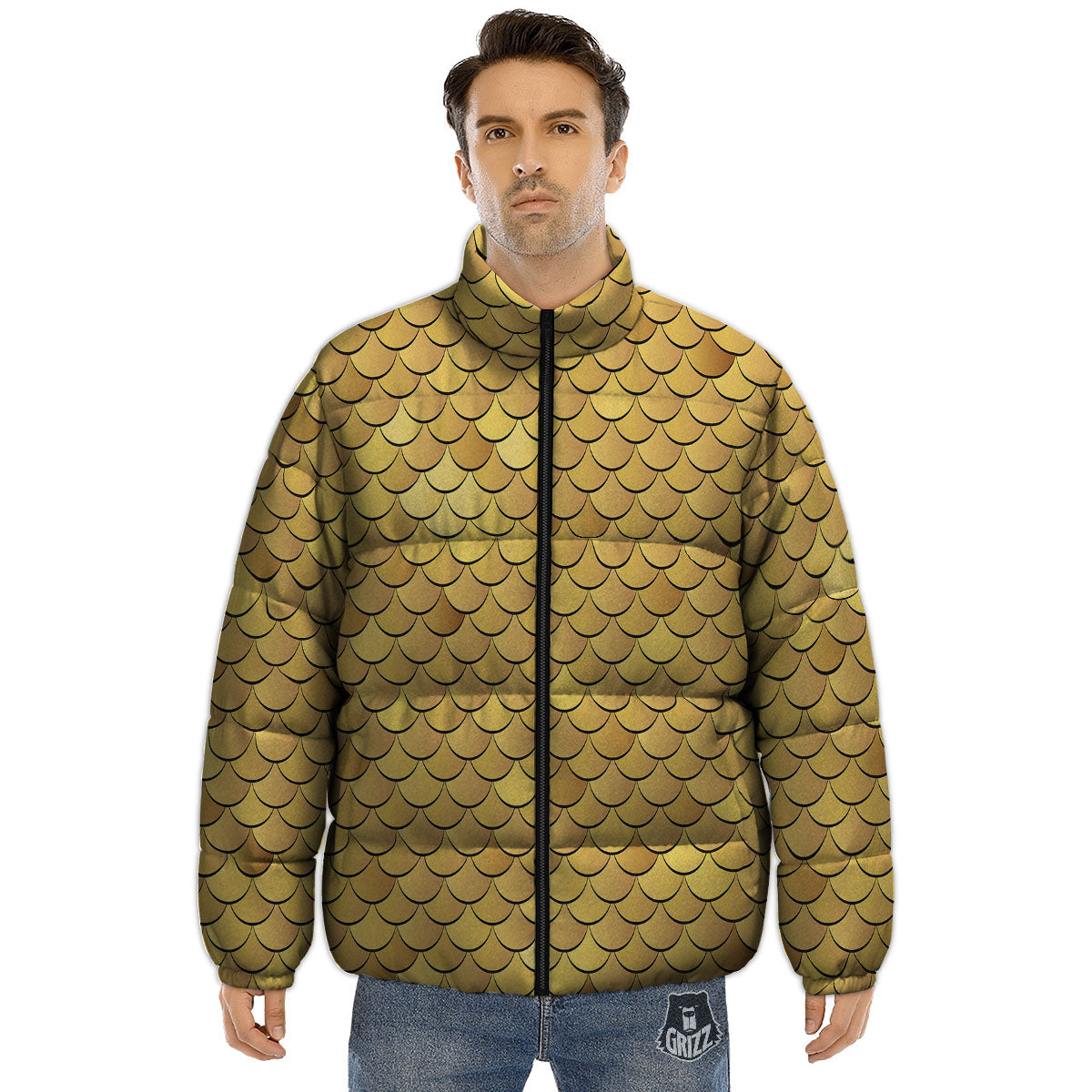 Gold Fish Scales Print Puffer Jacket-grizzshop
