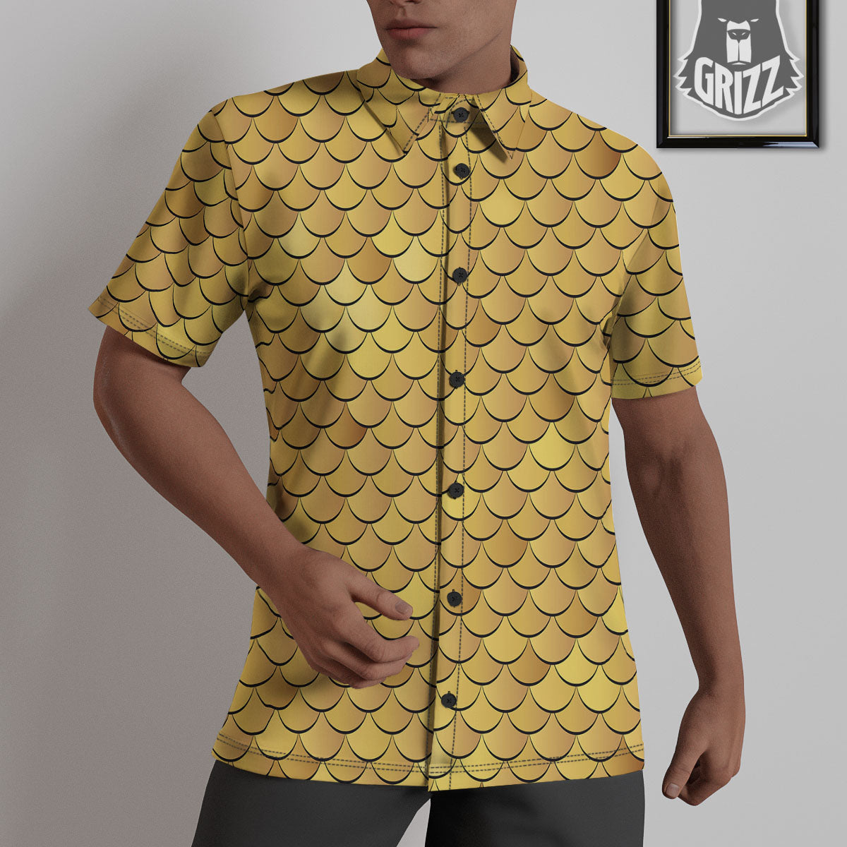 Gold Fish Scales Print Untucked Shirts-grizzshop