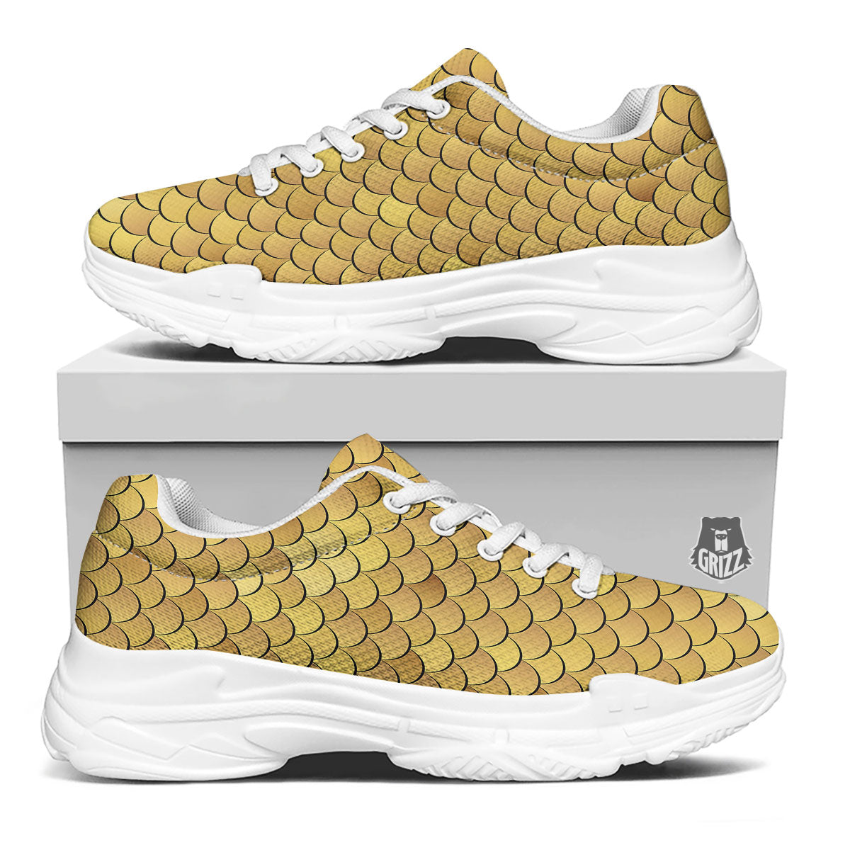 Gold Fish Scales Print White Chunky Shoes-grizzshop