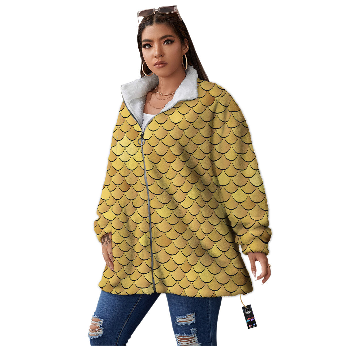 Gold Fish Scales Print Women's Sherpa Jacket-grizzshop