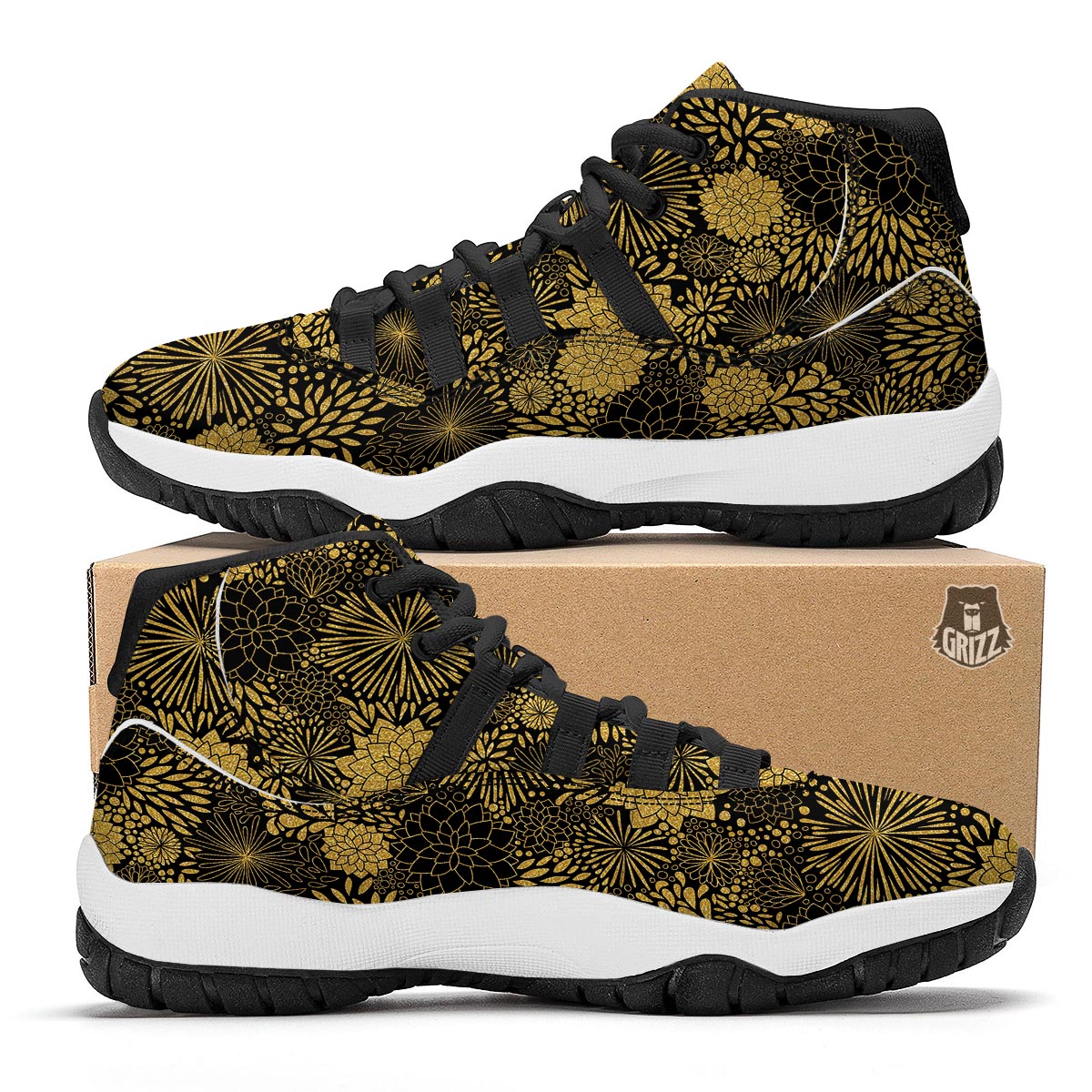 Gold Glitter Floral Pattern Print Black Bball Shoes-grizzshop