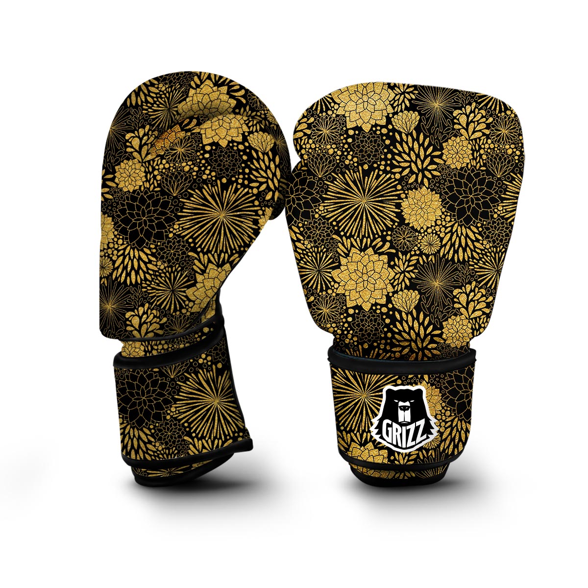 Gold Glitter Floral Pattern Print Boxing Gloves-grizzshop