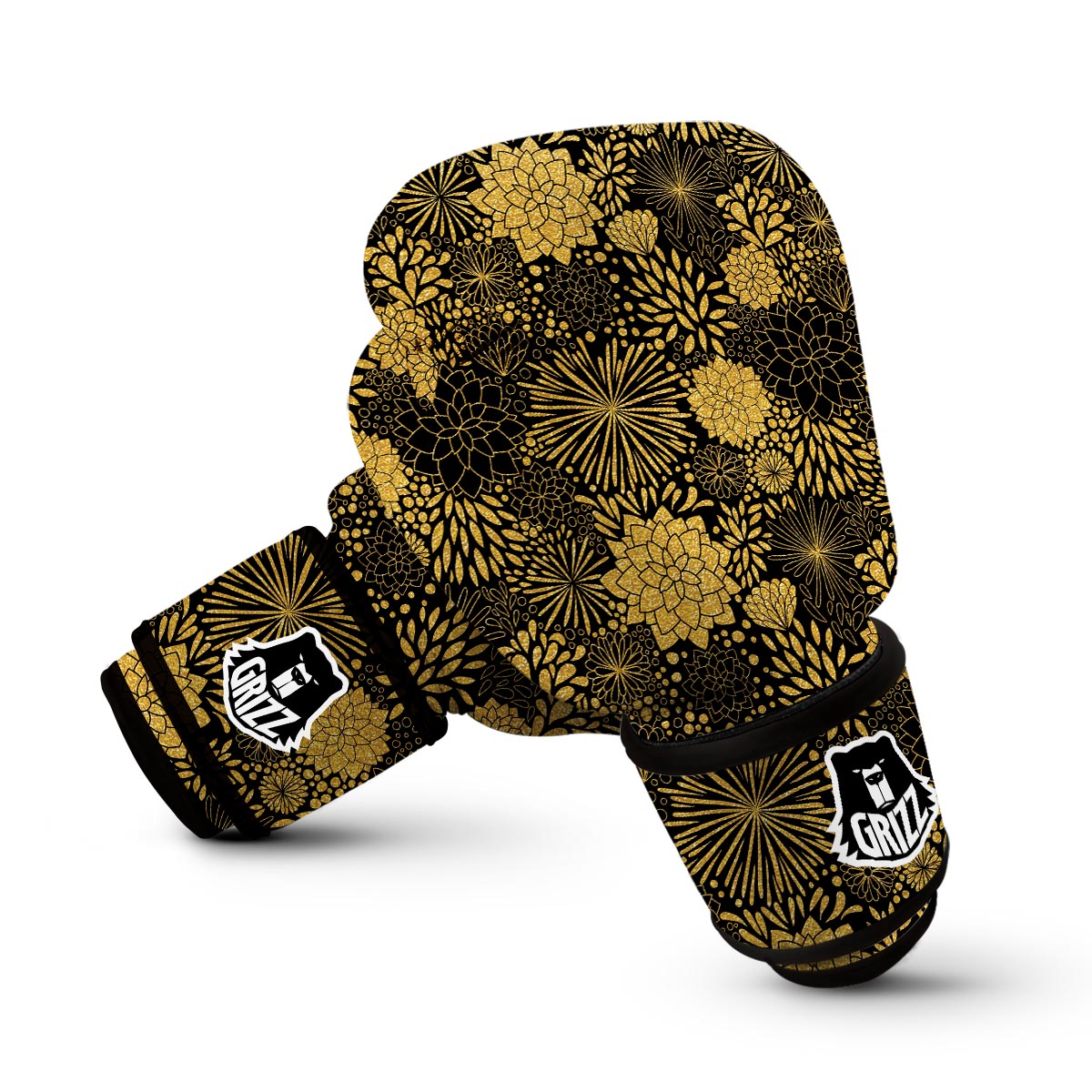 Gold Glitter Floral Pattern Print Boxing Gloves-grizzshop