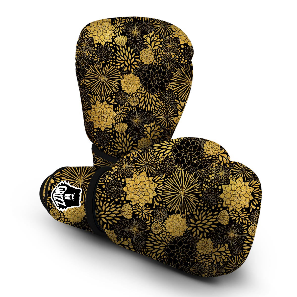 Gold Glitter Floral Pattern Print Boxing Gloves-grizzshop