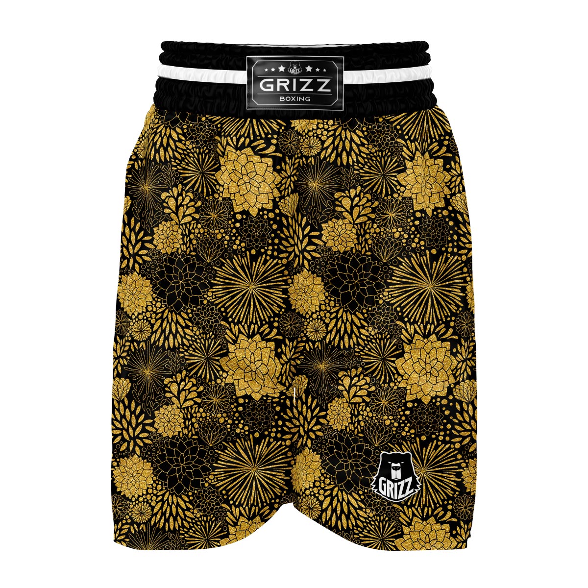 Gold Glitter Floral Pattern Print Boxing Shorts-grizzshop