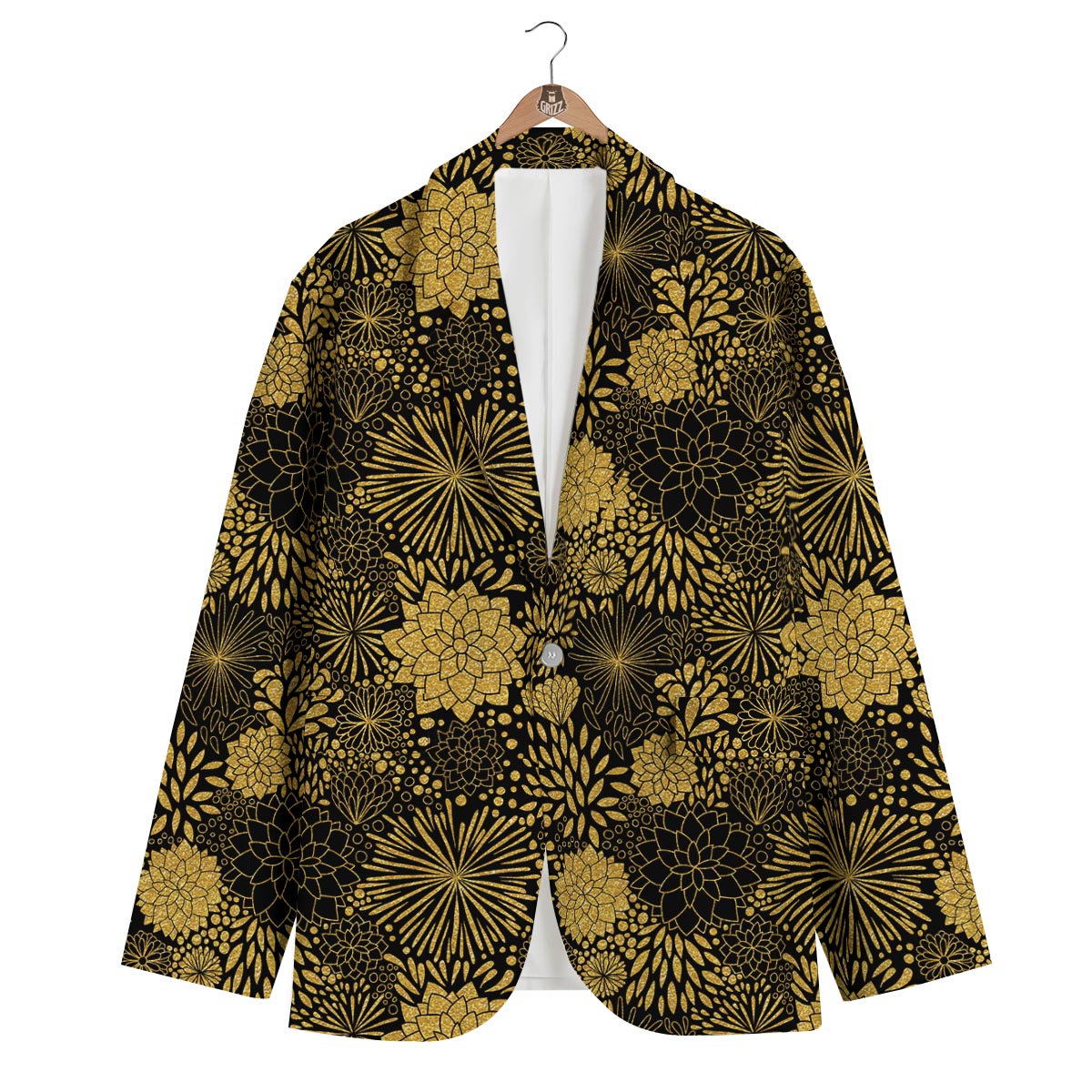 Gold Glitter Floral Pattern Print Men's Blazer-grizzshop