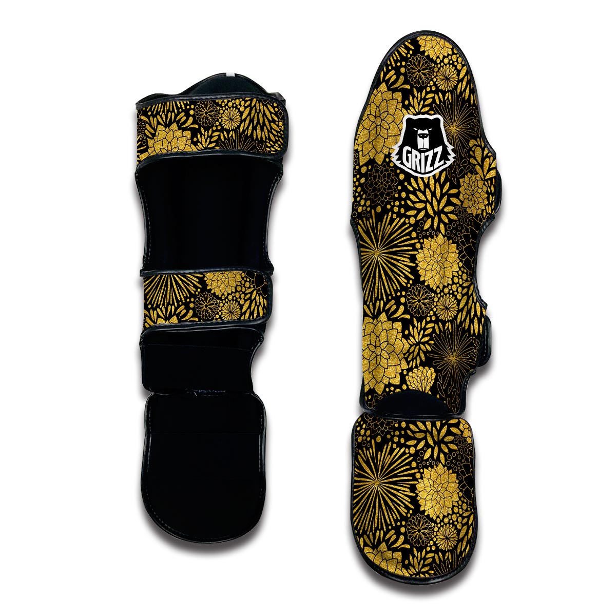 Gold Glitter Floral Pattern Print Muay Thai Shin Guards-grizzshop