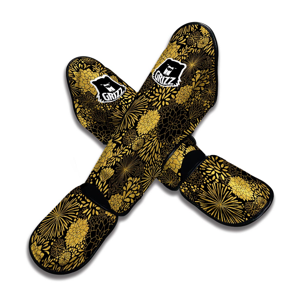 Gold Glitter Floral Pattern Print Muay Thai Shin Guards-grizzshop