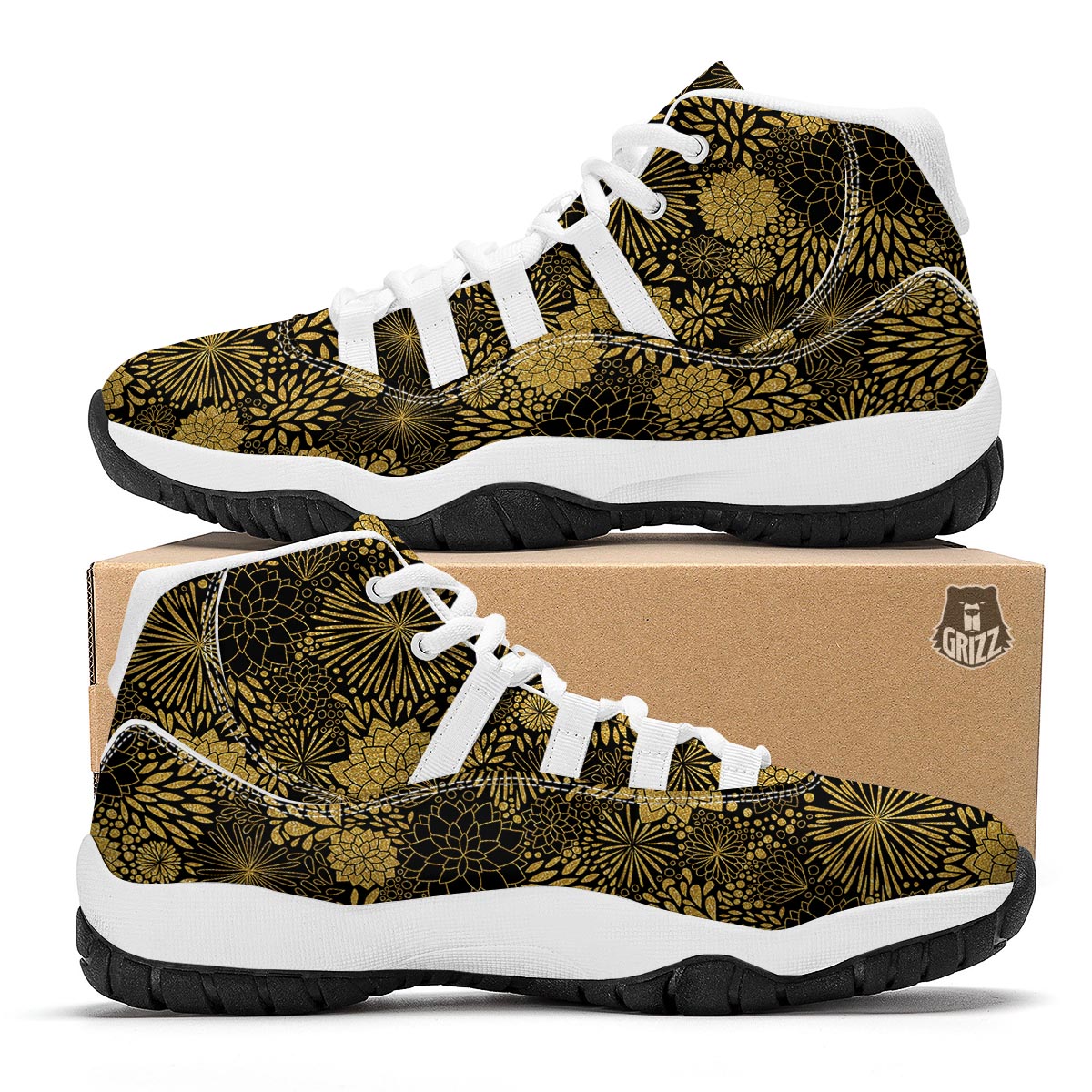 Gold Glitter Floral Pattern Print White Bball Shoes-grizzshop