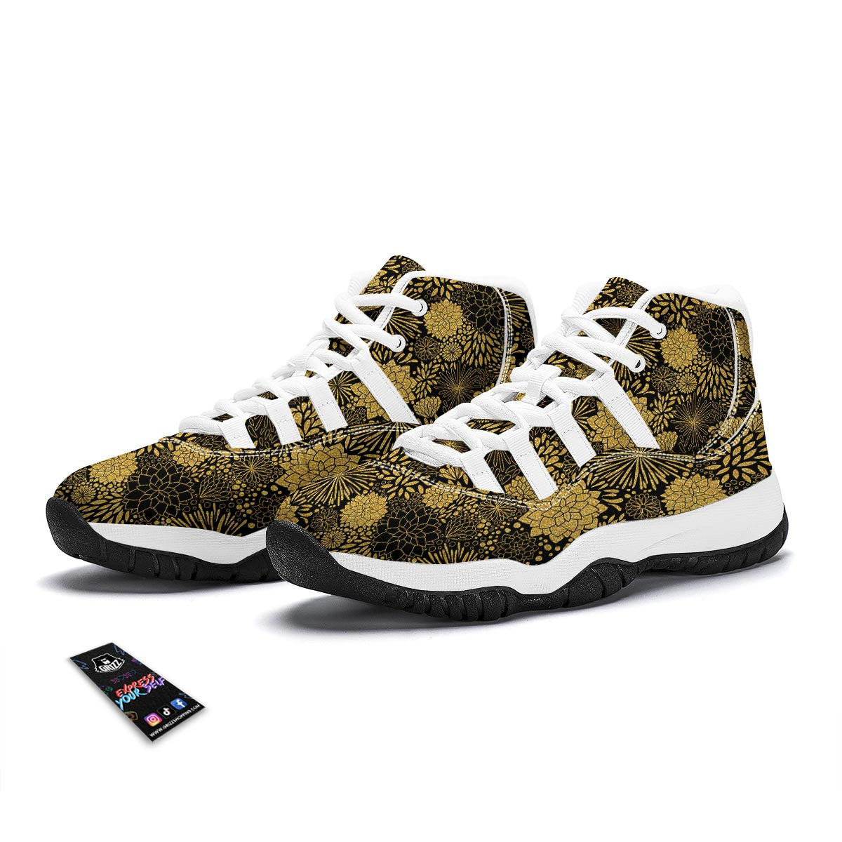 Gold Glitter Floral Pattern Print White Bball Shoes-grizzshop