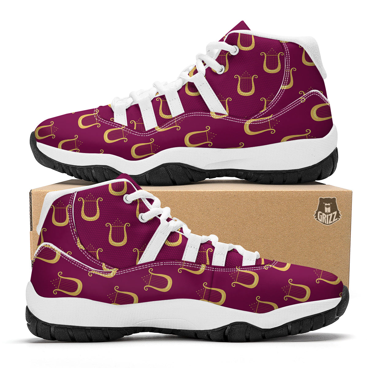 Gold Harp Print Pattern White Bball Shoes-grizzshop