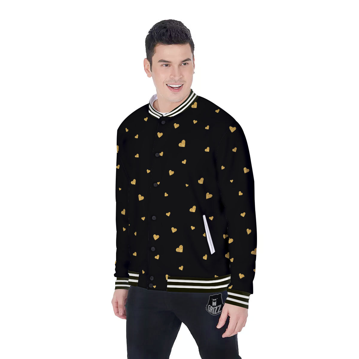 Gold Heart Black Print Pattern Baseball Jacket-grizzshop