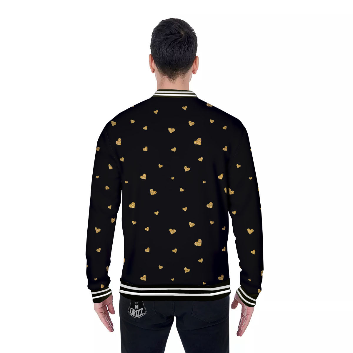 Gold Heart Black Print Pattern Baseball Jacket-grizzshop