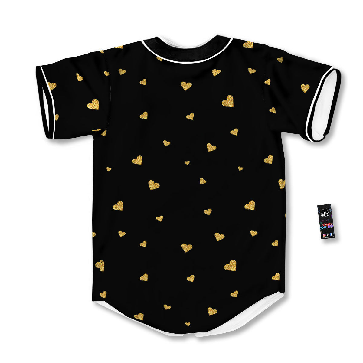 Gold Heart Black Print Pattern Baseball Jersey-grizzshop