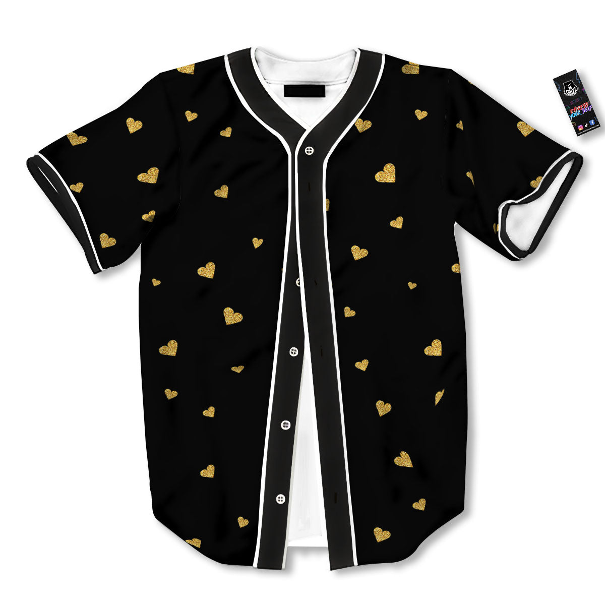 Gold Heart Black Print Pattern Baseball Jersey-grizzshop