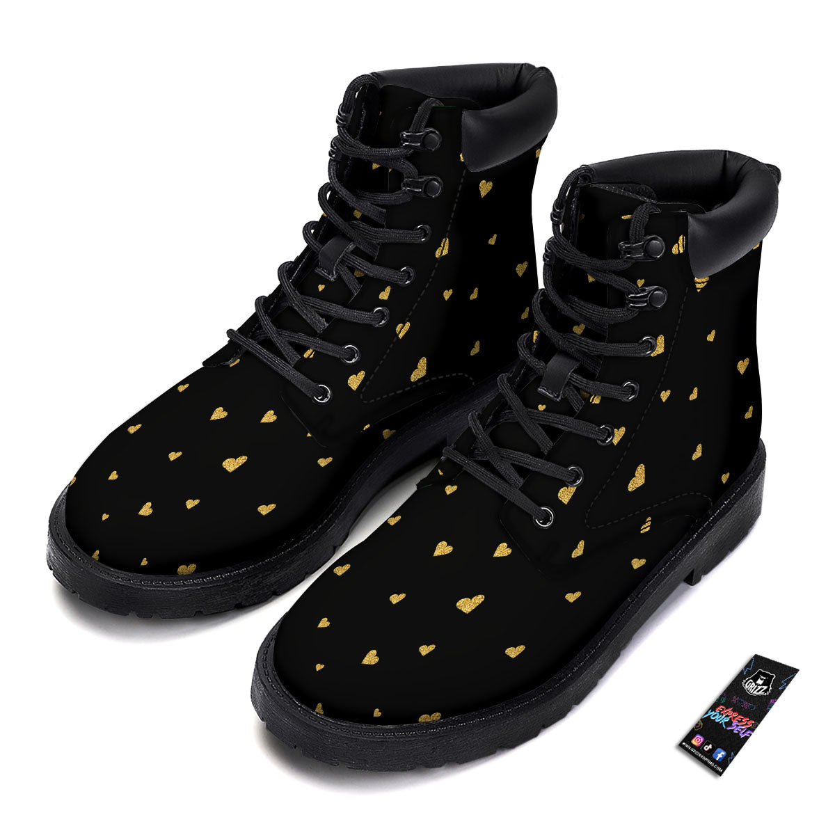 Gold Heart Black Print Pattern Boots-grizzshop