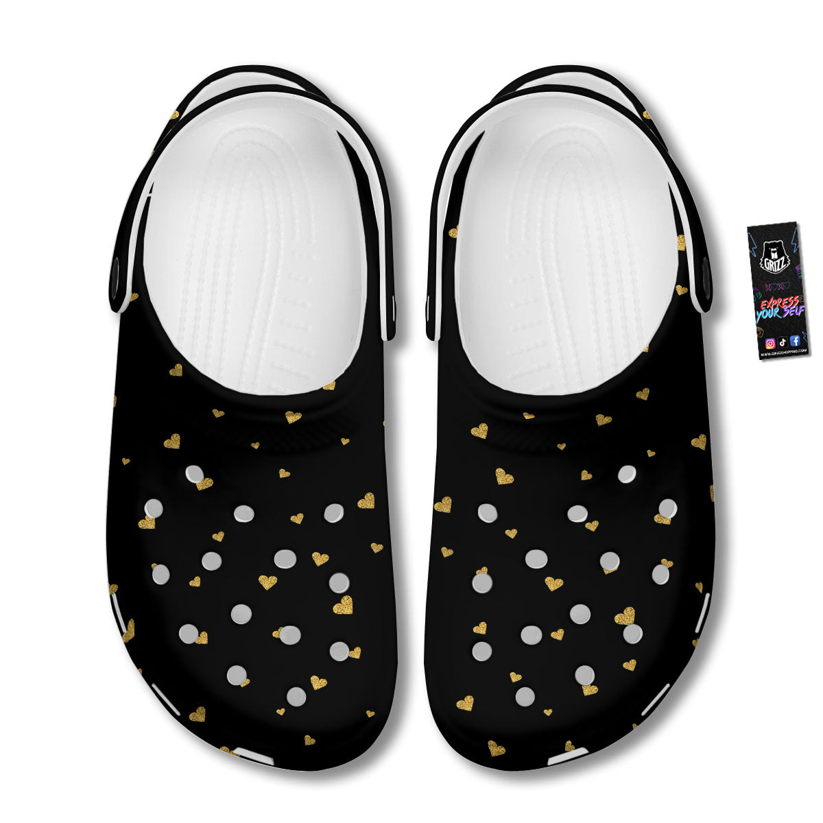 Gold Heart Black Print Pattern Clog-grizzshop