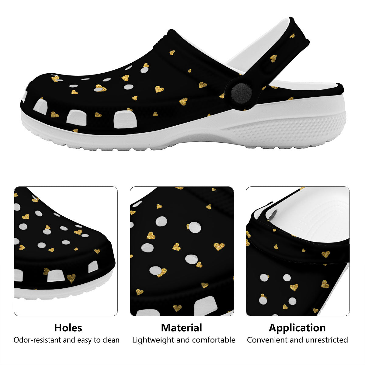Gold Heart Black Print Pattern Clog-grizzshop