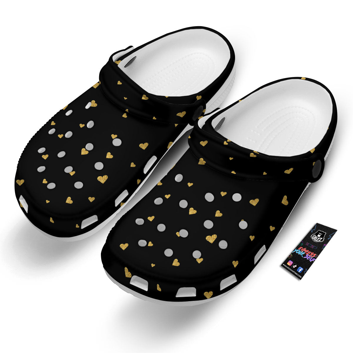 Gold Heart Black Print Pattern Clog-grizzshop