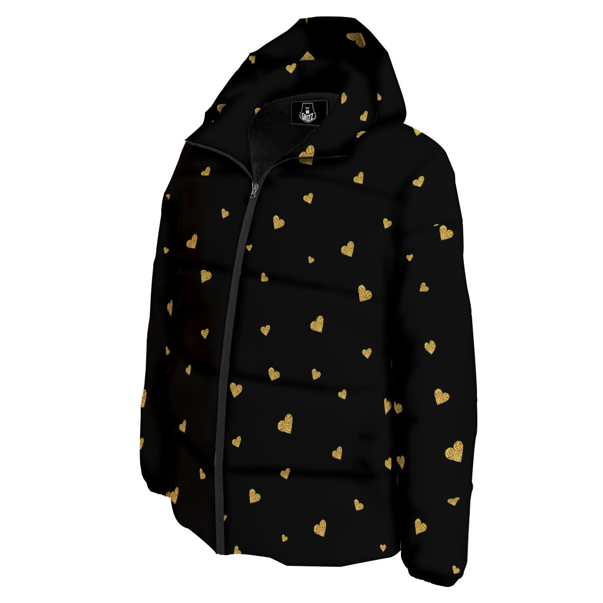 Gold Heart Black Print Pattern Down Jacket-grizzshop