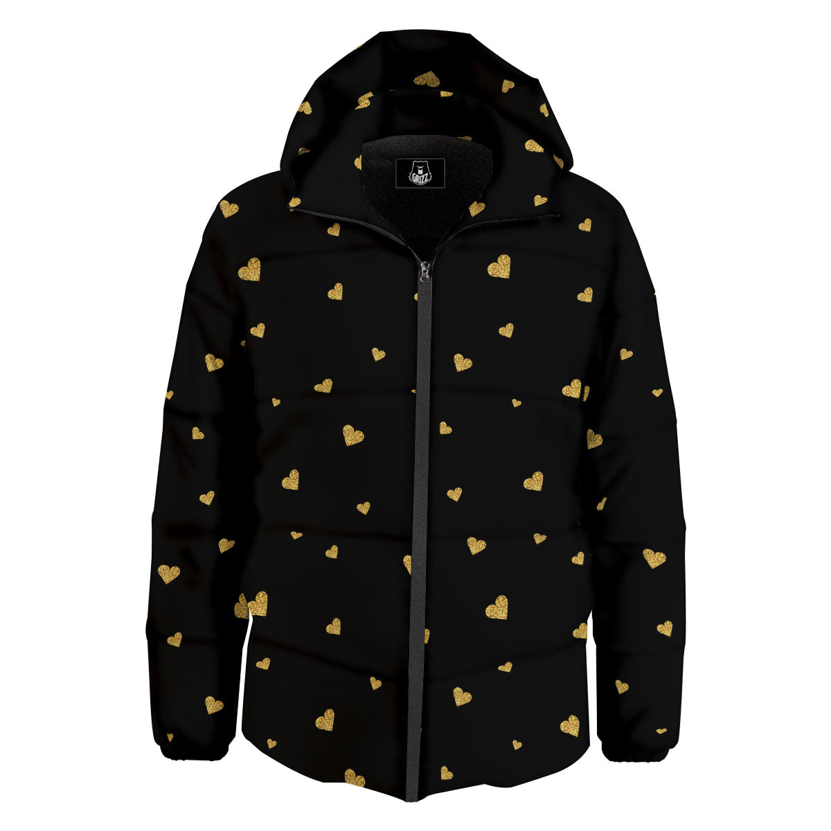 Gold Heart Black Print Pattern Down Jacket-grizzshop