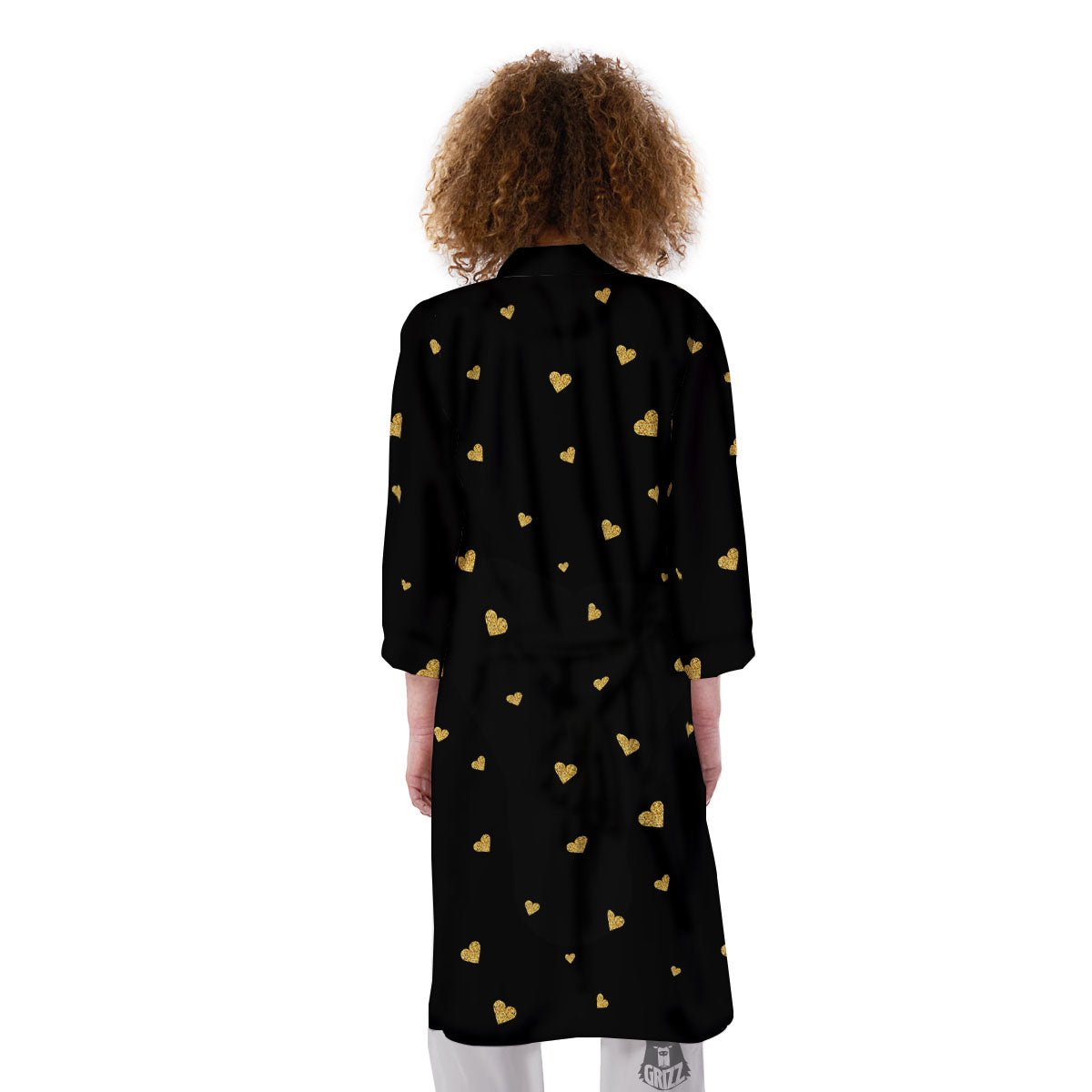 Gold Heart Black Print Pattern Kimono-grizzshop