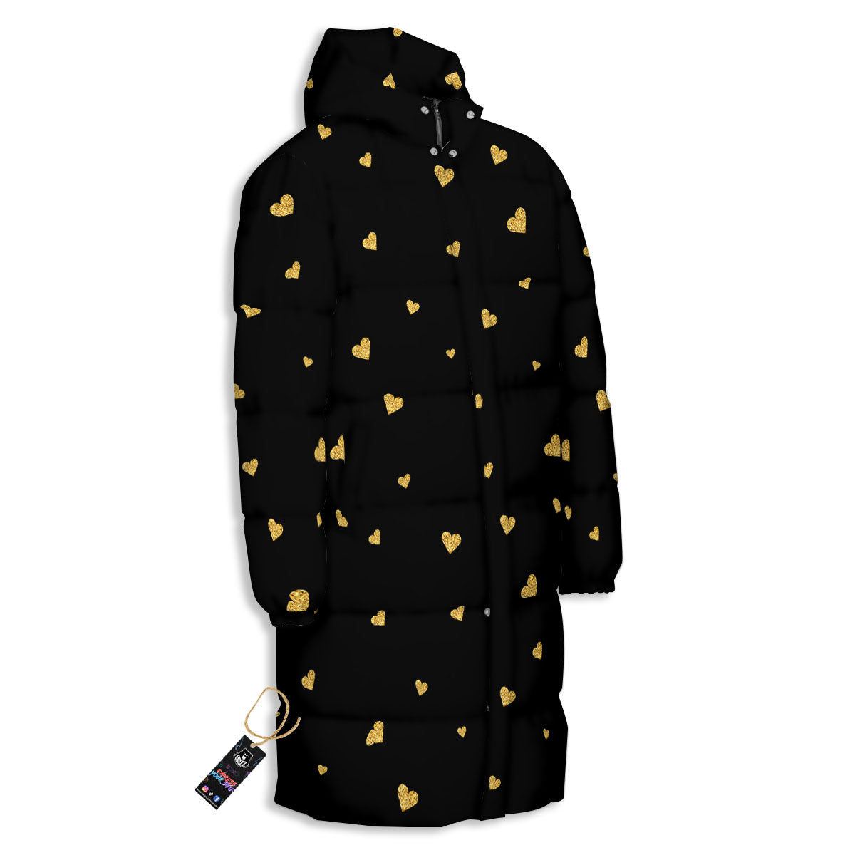 Gold Heart Black Print Pattern Long Down Jacket-grizzshop
