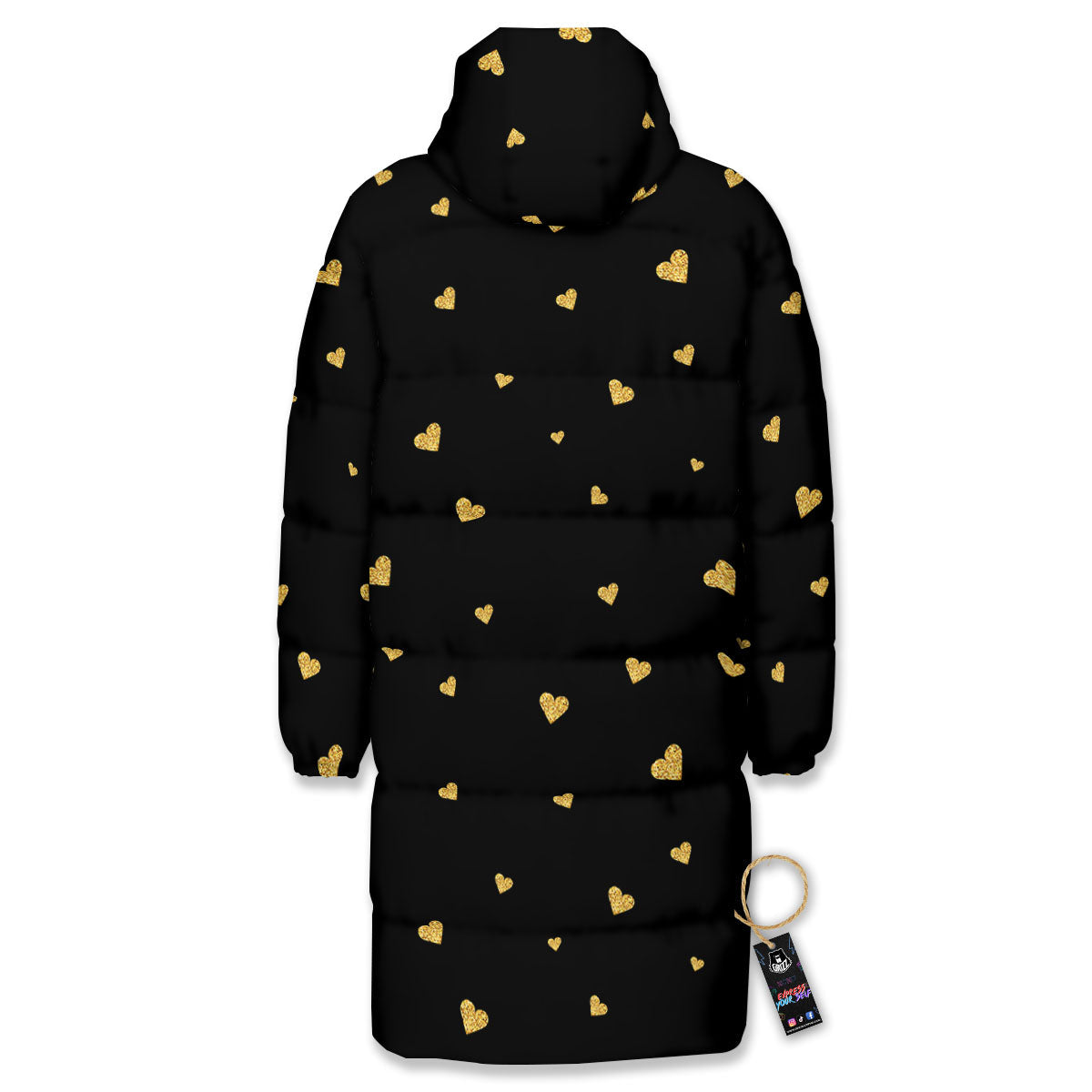 Gold Heart Black Print Pattern Long Down Jacket-grizzshop