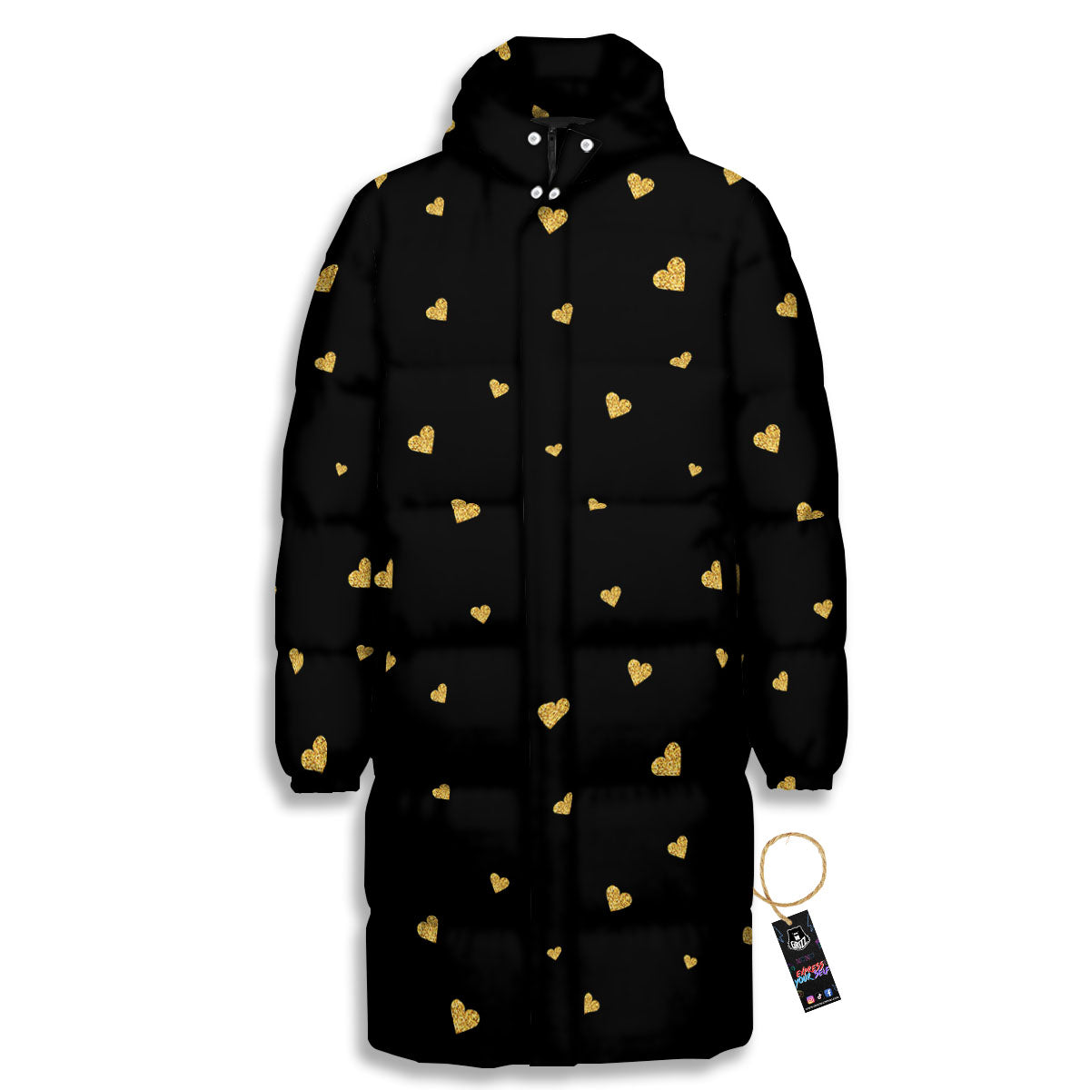 Gold Heart Black Print Pattern Long Down Jacket-grizzshop