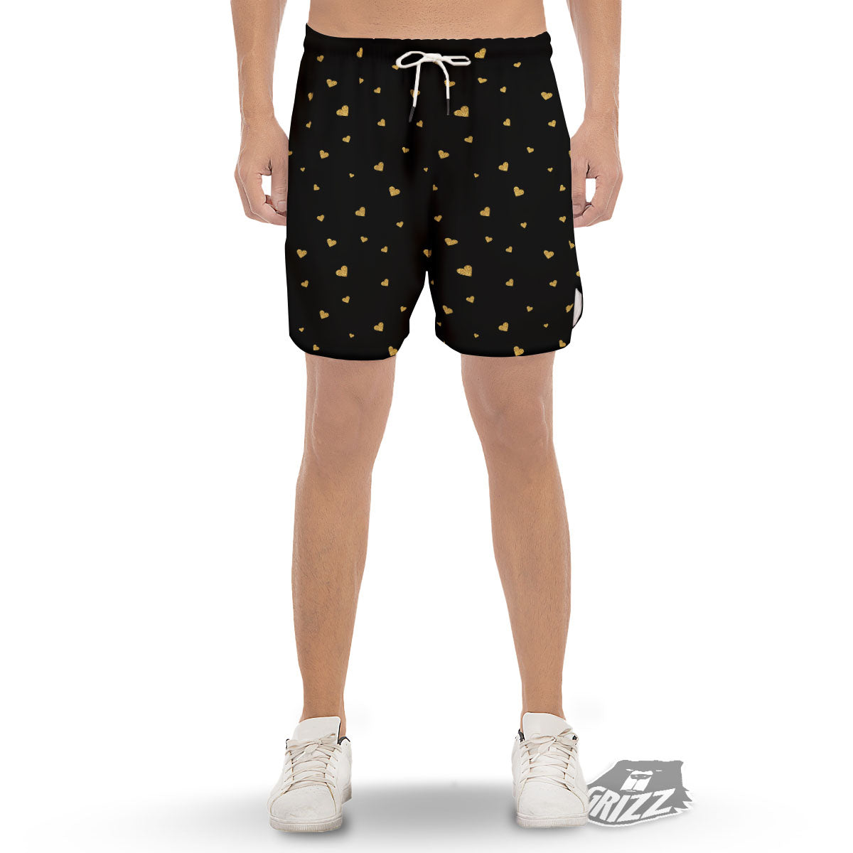 Gold Heart Black Print Pattern Men's Gym Shorts-grizzshop