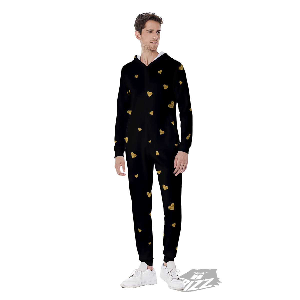 Gold Heart Black Print Pattern Men's Jumpsuit-grizzshop
