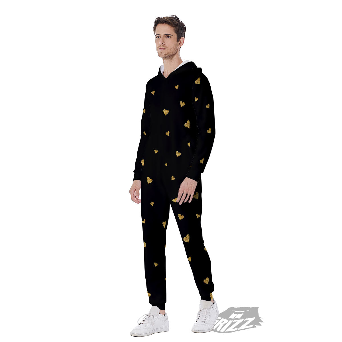 Gold Heart Black Print Pattern Men's Jumpsuit-grizzshop