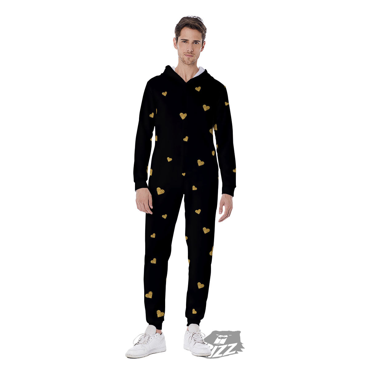 Gold Heart Black Print Pattern Men's Jumpsuit-grizzshop