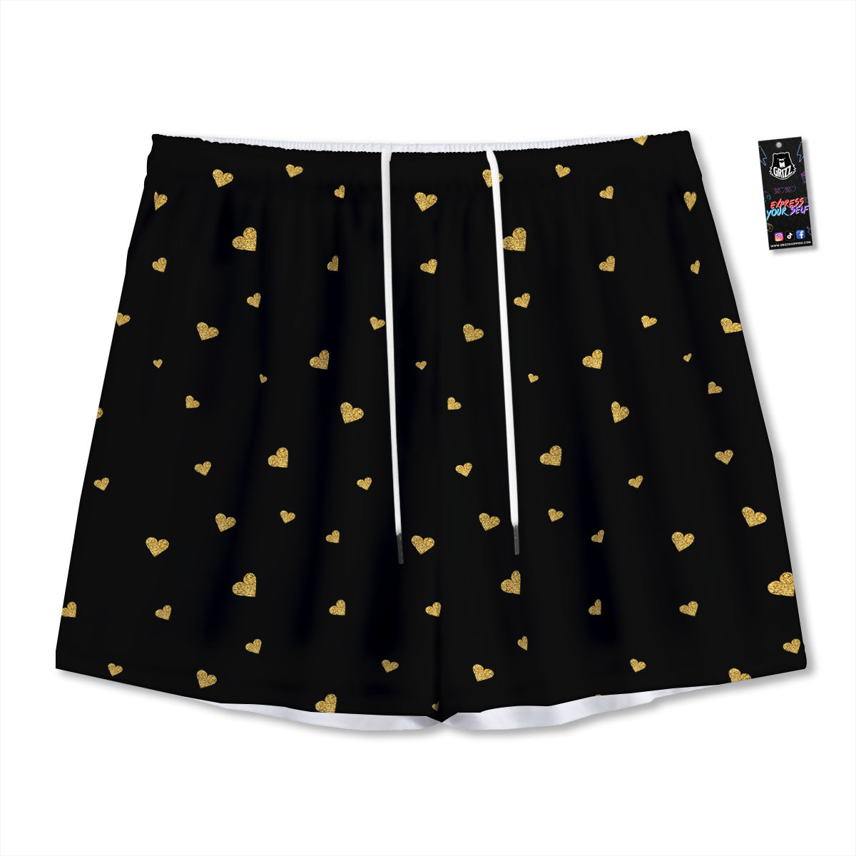 Gold Heart Black Print Pattern Mesh Shorts