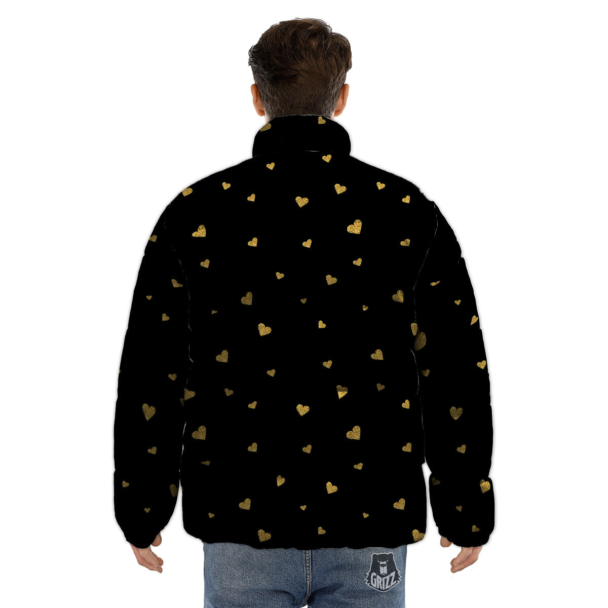 Gold Heart Black Print Pattern Puffer Jacket-grizzshop