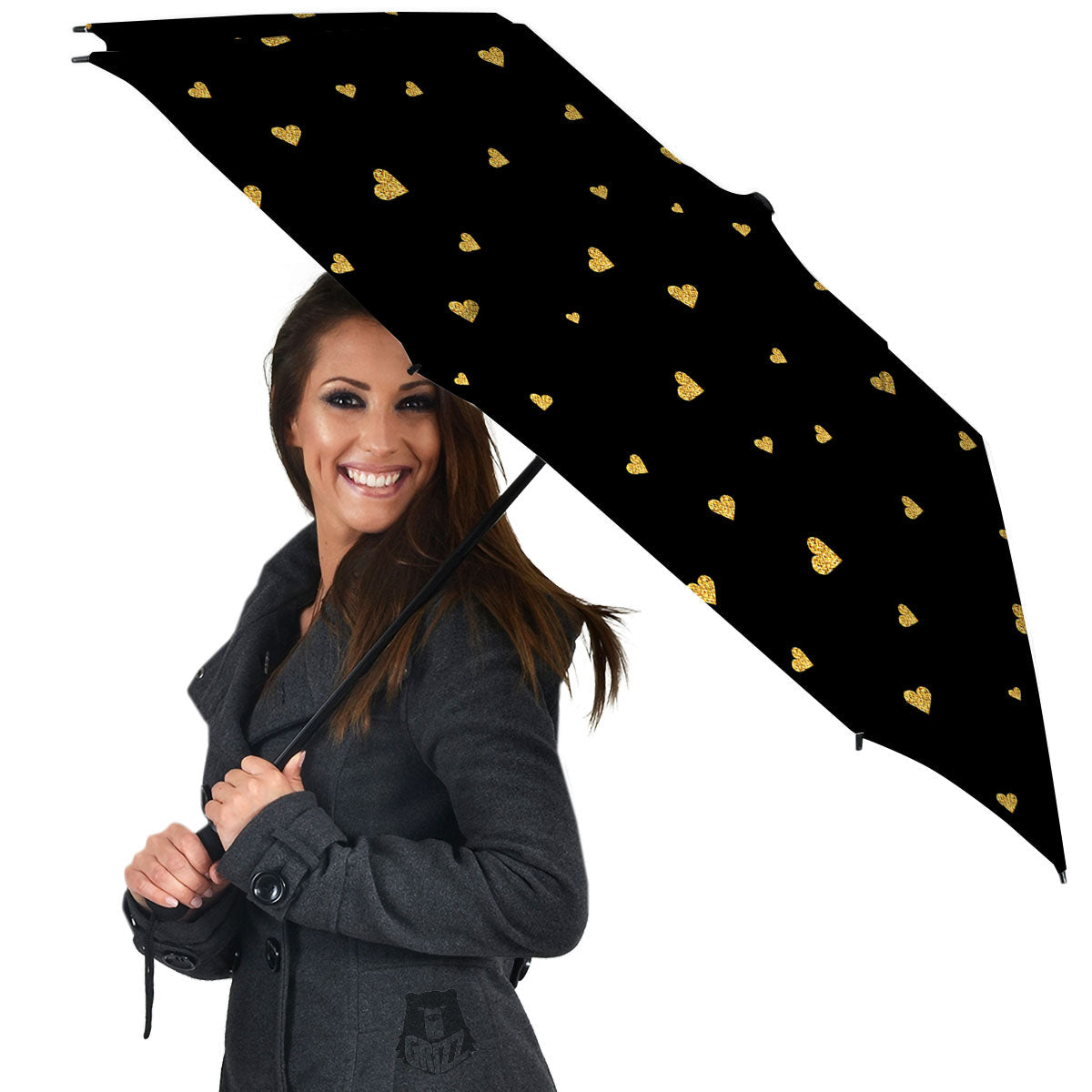 Gold Heart Black Print Pattern Umbrella-grizzshop