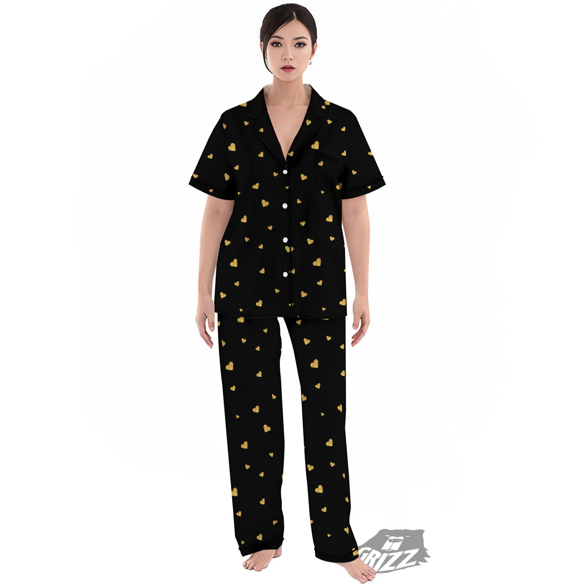 Gold Heart Black Print Pattern Women's Pajamas Set-grizzshop