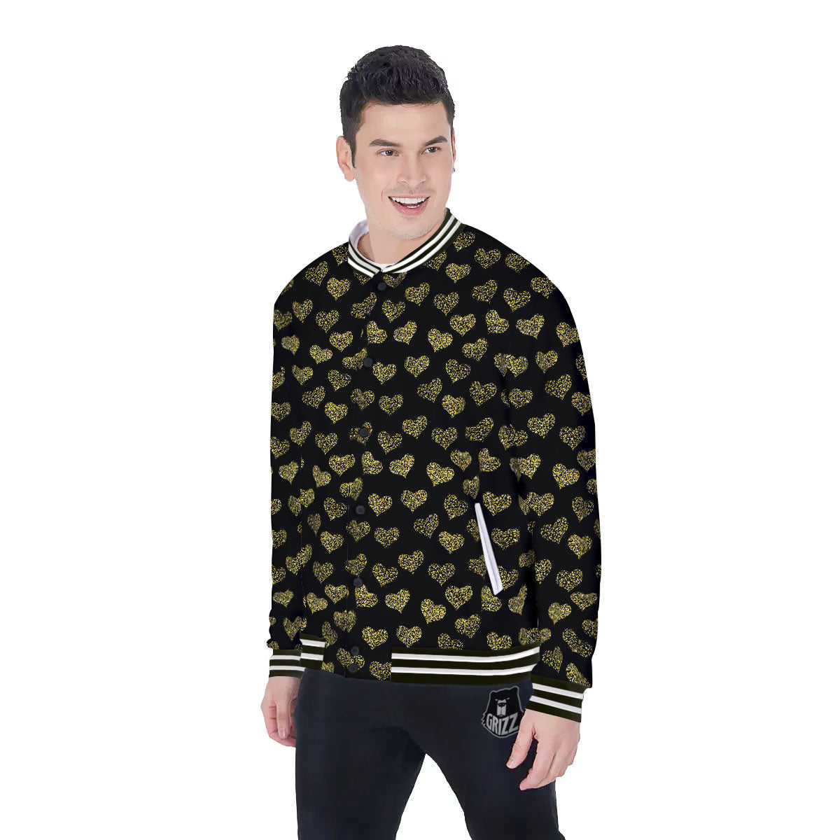 Gold Heart Glitter Print Pattern Baseball Jacket-grizzshop