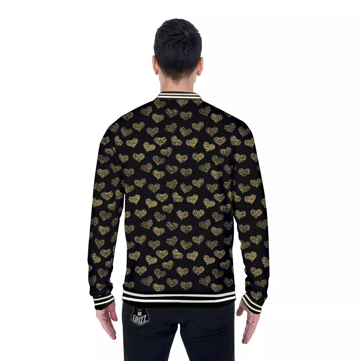 Gold Heart Glitter Print Pattern Baseball Jacket-grizzshop