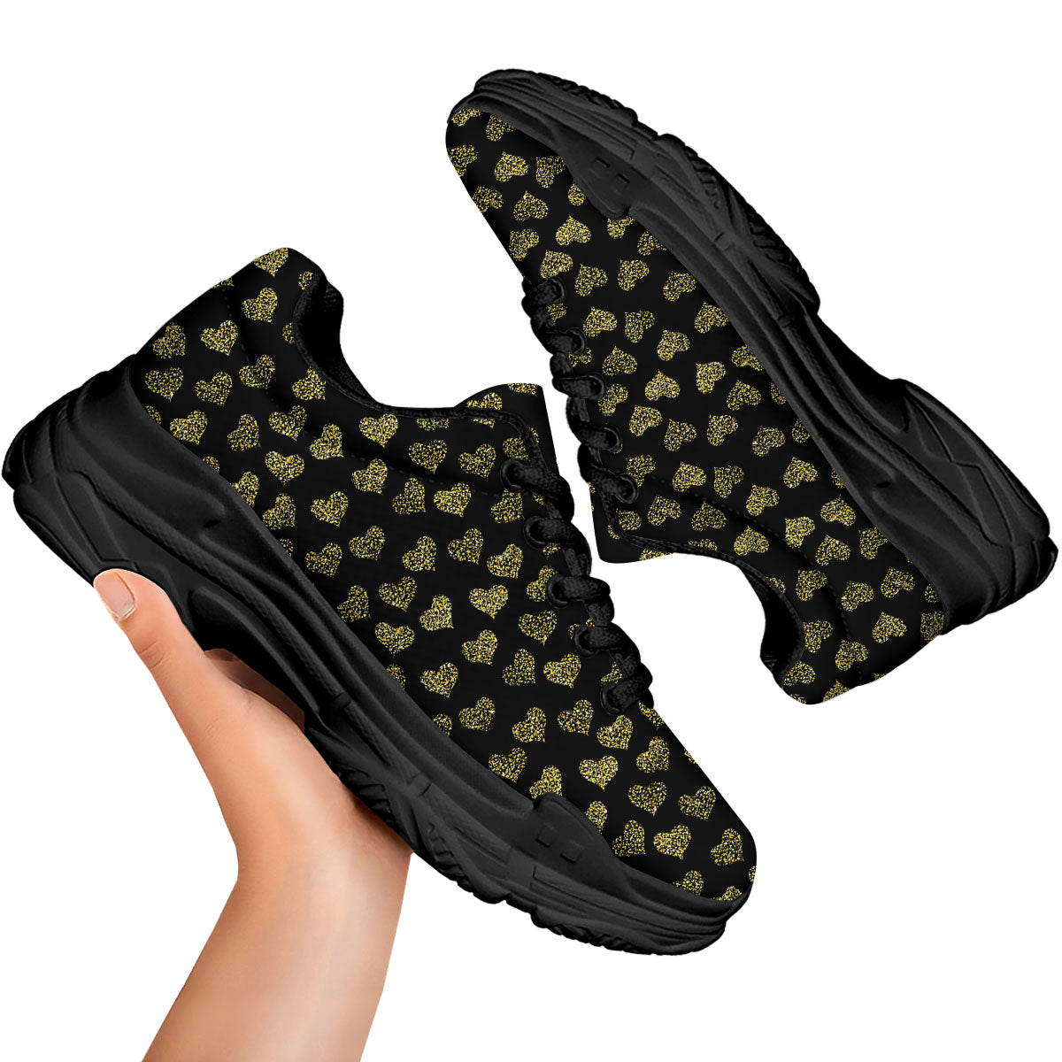 Gold Heart Glitter Print Pattern Black Chunky Shoes-grizzshop