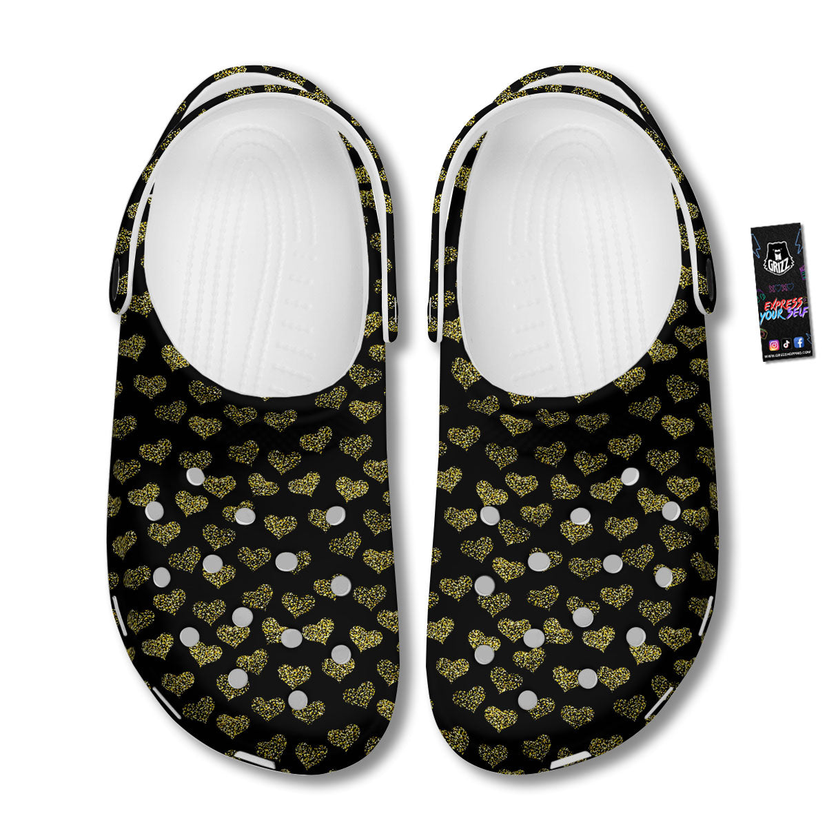 Gold Heart Glitter Print Pattern Clog-grizzshop