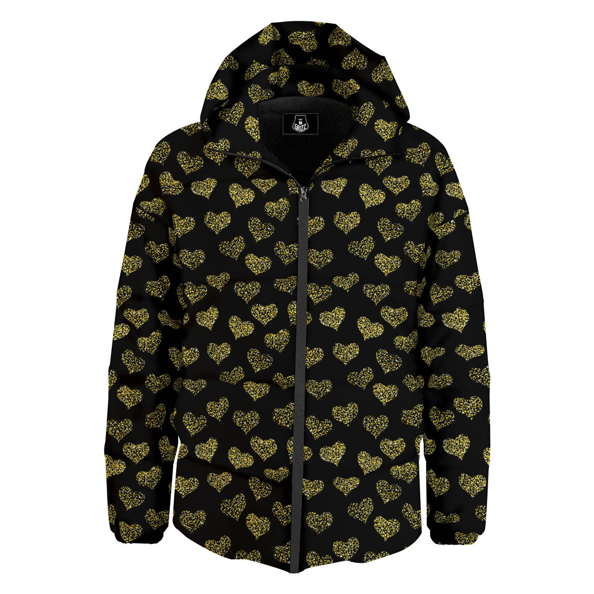 Gold Heart Glitter Print Pattern Down Jacket-grizzshop
