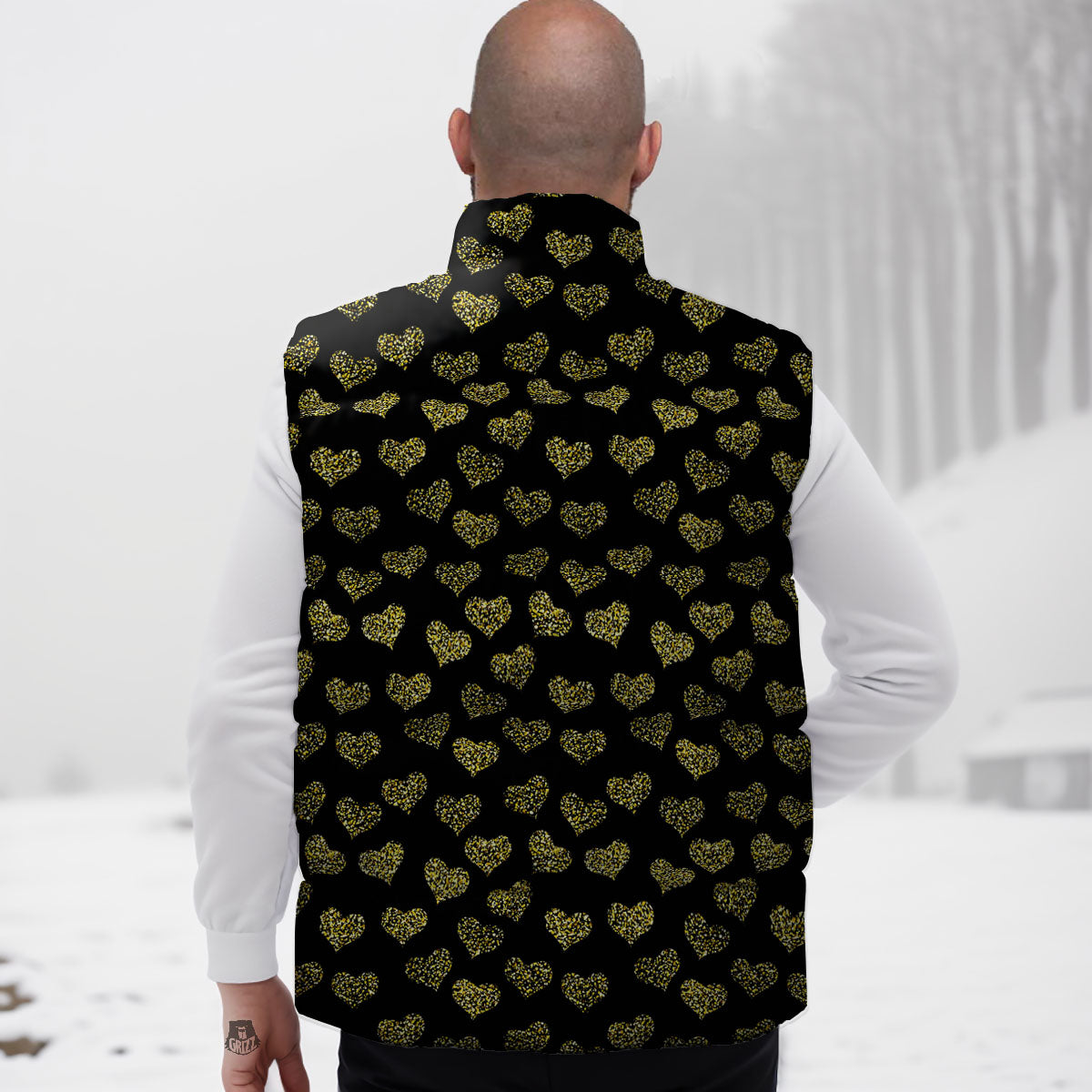 Gold Heart Glitter Print Pattern Down Vest