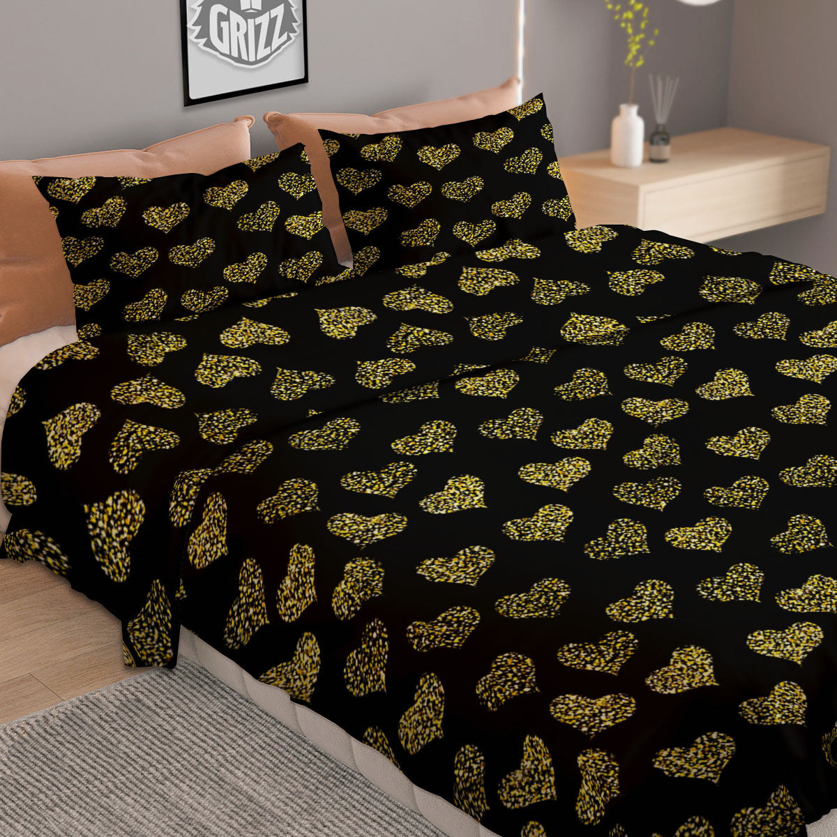 Gold Heart Glitter Print Pattern Duvet Cover Bedding Set