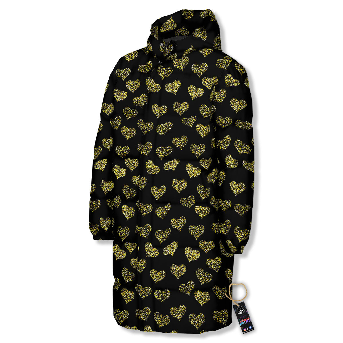 Gold Heart Glitter Print Pattern Long Down Jacket-grizzshop