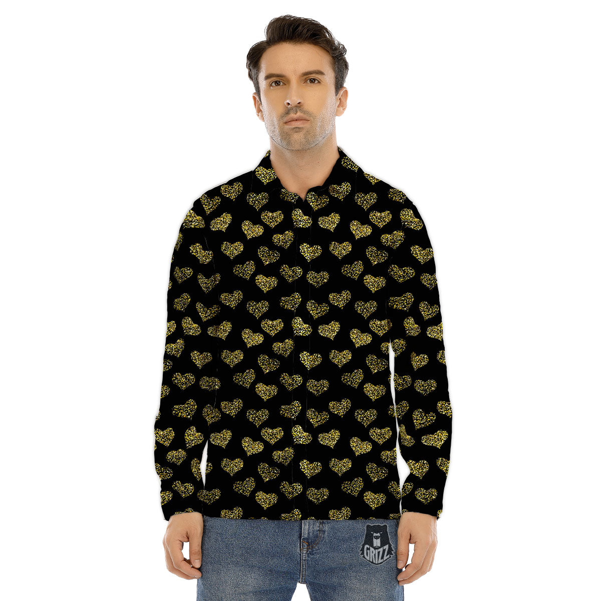 Gold Heart Glitter Print Pattern Men's Dress Shirts-grizzshop