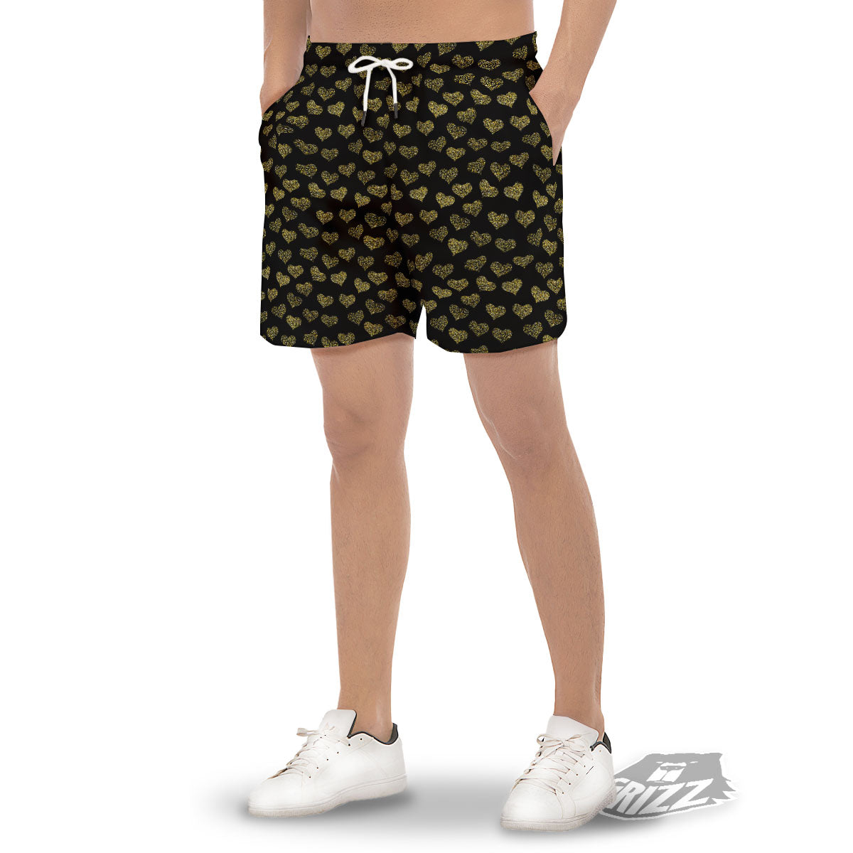 Gold Heart Glitter Print Pattern Men's Gym Shorts-grizzshop