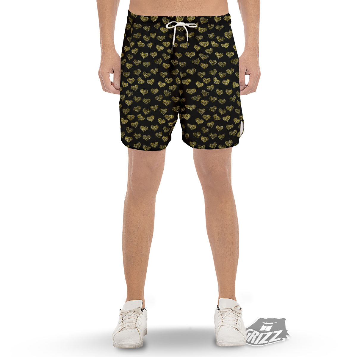 Gold Heart Glitter Print Pattern Men's Gym Shorts-grizzshop